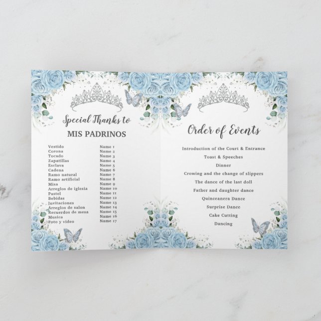 Light Blue Rose Floral Quinceñera Orden der Verans Programm (Innenseite)