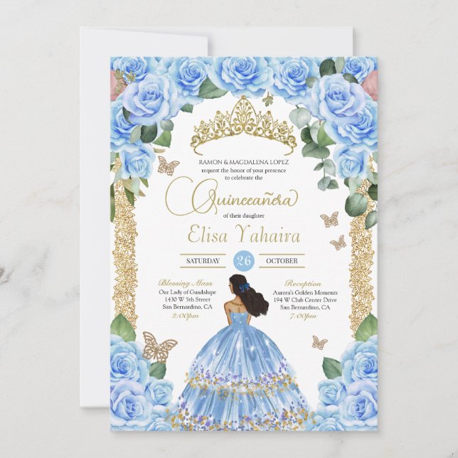 Light Blue Rose & Gold Butterfly Quinceñera Einladung (Vorderseite)