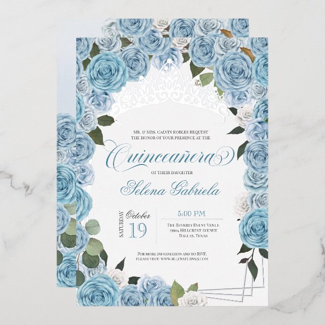 Light Blue Rose Princess Quinceanera Tiara Real Folieneinladung (Vorderseite/Rückseite)