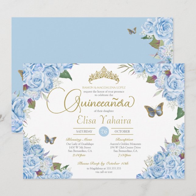 Light Blue Rosen floral Tiara Butterfly Quinceaner Einladung (Vorne/Hinten)