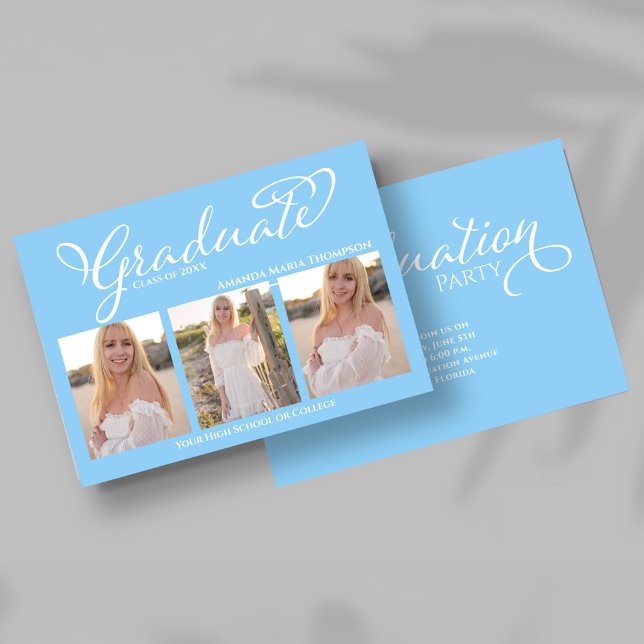 Light Blue Script Photo Collage Graduation Card Einladung (Modern light blue multi photo graduation announcement shown on phone preview.)