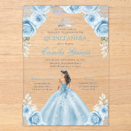Light Blue & Silver Floral Princess Quinceañera Acryleinladungen