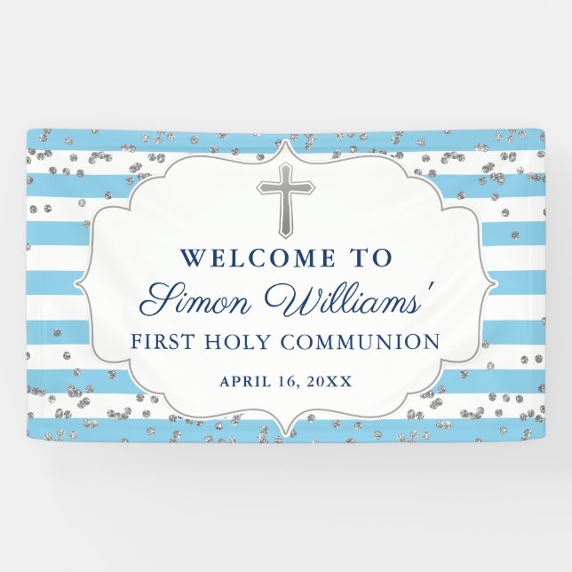 Light Blue Silver Glitzer Erste Heilige Kommune Banner (Horizontal)