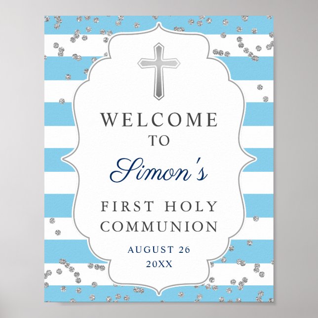 Light Blue Silver Glitzer Erste Kommune Willkommen Poster (Vorne)