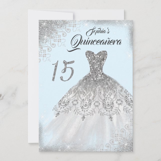 Light Blue Silver Lace Diamond Gown Quinceanera Einladung (Vorderseite)