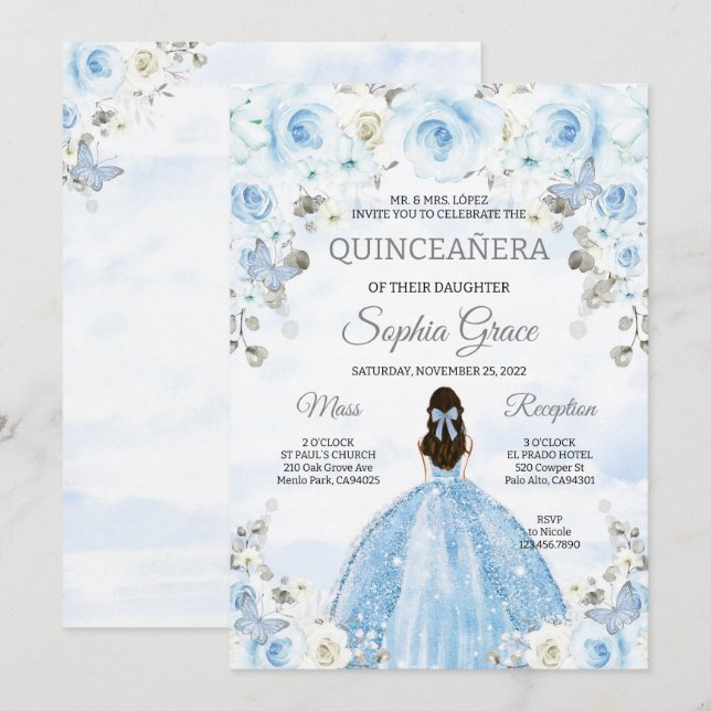 Light Blue Silver Princess Quinceanera Birthday Einladung (Vorne/Hinten)
