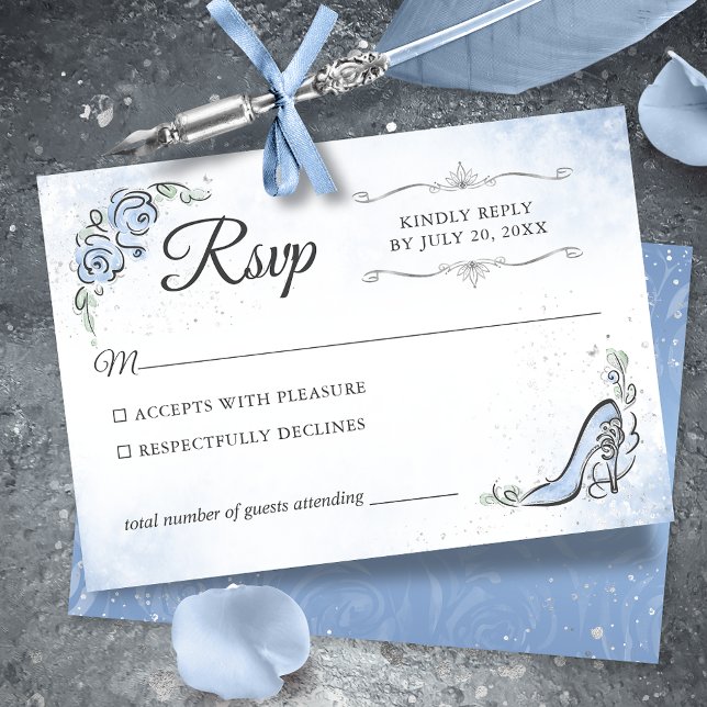Light Blue Silver Princess Shoe Elegante Wedding RSVP Karte (Light blue and silver RSVP cards to give your fairy tale celebration an elegant touch.)