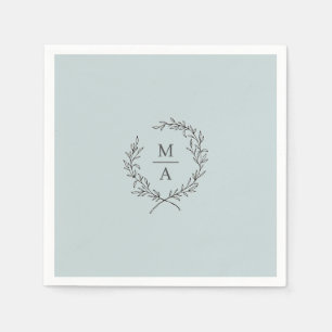 Light Blue Simple Elegant Laurel Wreath Monogram Serviette