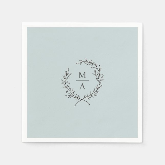 Light Blue Simple Elegant Laurel Wreath Monogram Serviette (Vorderseite)