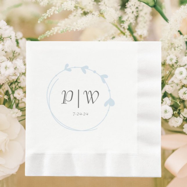 Light Blue Simple Heart Wreath Monogram Wedding Serviette (In Situ Wedding)