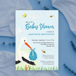 Light Blue Stork Baby Dusche Einladung