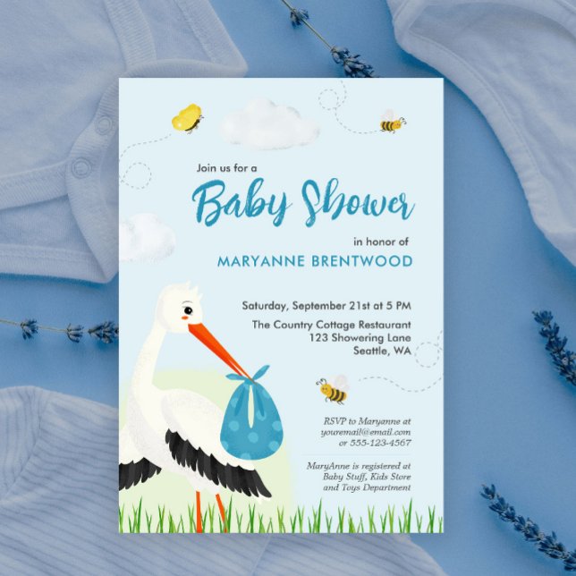 Light Blue Stork Baby Dusche Einladung (Light blue stork baby shower and baby sprinkle invitation template with custom text and info)
