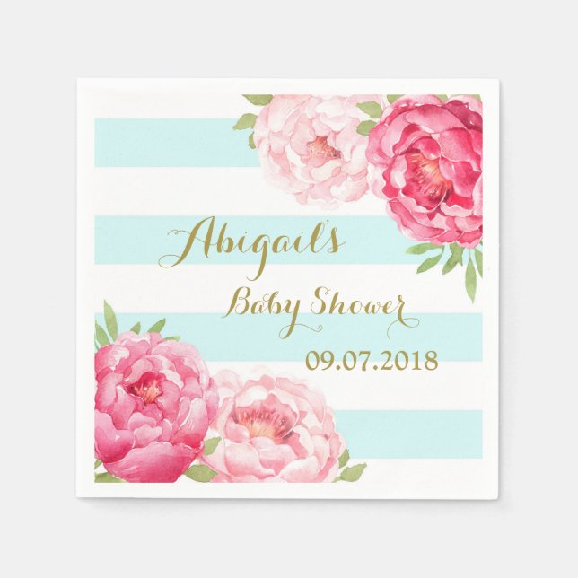 Light Blue Streifen Pink Floral Baby Dusche Napkin Serviette (Vorderseite)