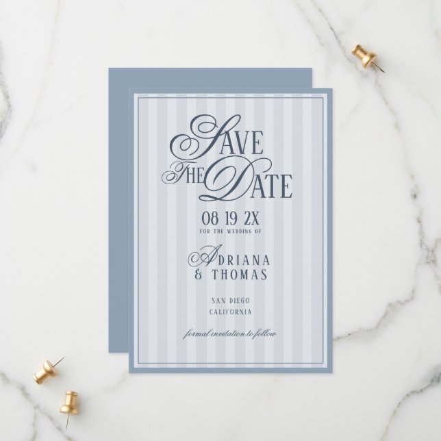 Light Blue Striped Old Money Calligraphy Wedding Save The Date (Vorderseite/Rückseite Beispiel)