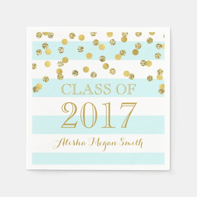 Light Blue Stripes Gold Confetti 2017 Abschluss Serviette (Vorderseite)