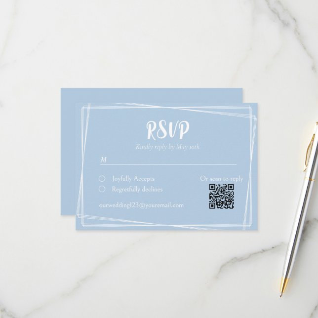 Light Blue Stylish Script QR Wedding RSVP Card Karte (Vorderseite/Rückseite Beispiel)