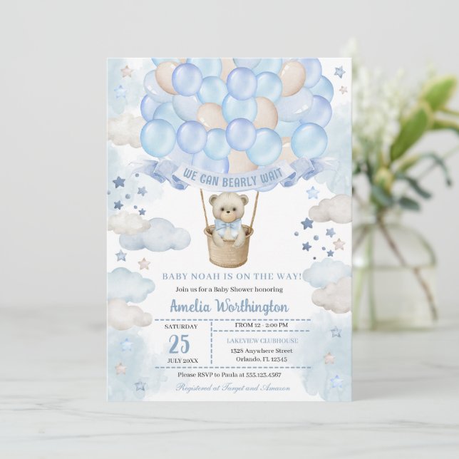 Light Blue Teddy Bear Hot Air Ballon Babydusche Einladung (Stehend Vorderseite)