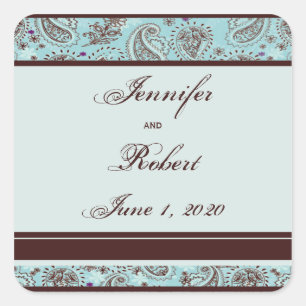 Light Blue und Brown Paisley Wedding Umschlag Aufk Quadratischer Aufkleber
