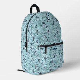 Light Blue und Gold Starfish auf Ozeanwellenmuster Bedruckter Rucksack