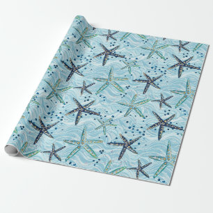 Light Blue und Gold Starfish auf Ozeanwellenmuster Geschenkpapier