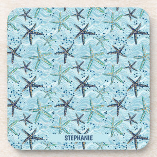 Light Blue und Gold Starfish auf Ozeanwellenmuster Getränkeuntersetzer