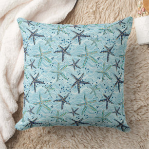 Light Blue und Gold Starfish auf Ozeanwellenmuster Kissen