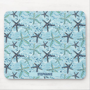 Light Blue und Gold Starfish auf Ozeanwellenmuster Mousepad