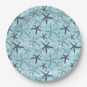 Light Blue und Gold Starfish auf Ozeanwellenmuster Pappteller