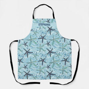 Light Blue und Gold Starfish auf Ozeanwellenmuster Schürze