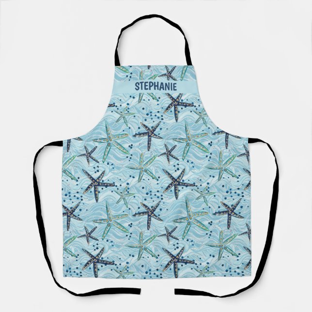 Light Blue und Gold Starfish auf Ozeanwellenmuster Schürze (Vorderseite)