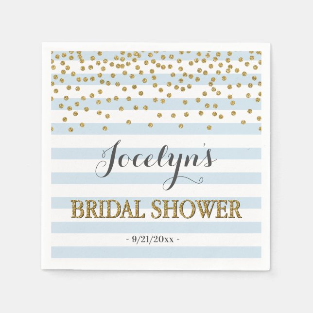 Light Blue und Gold Streifen Confetti Brautparty Serviette (Vorderseite)