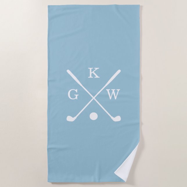 Light Blue und White Golf Clubs Monogram Golf Strandtuch (Vorderseite)