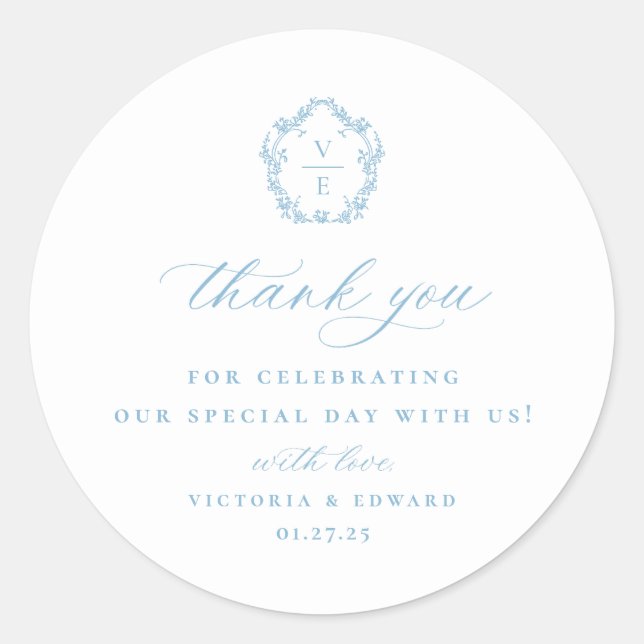 Light Blue Wappen Monogram Wedding Vielen Dank Runder Aufkleber (Vorderseite)
