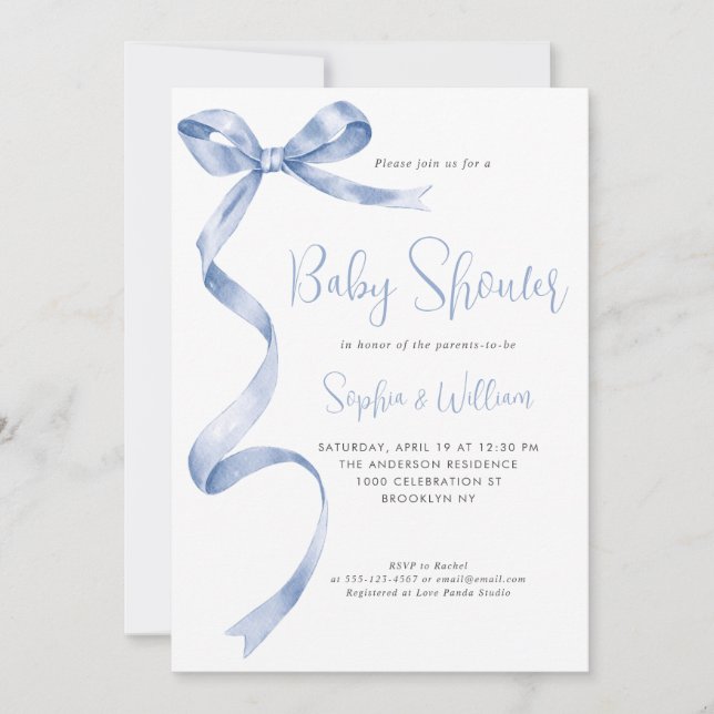 Light Blue Watercolor Bow Ribbon Boy Baby Dusche Einladung (Vorderseite)