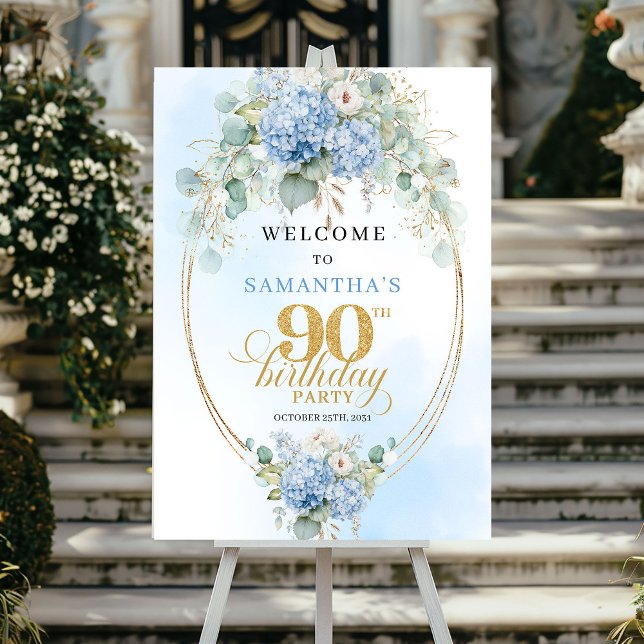 Light Blue Watercolor Floral 90th birthday welcome Poster (Light Blue Watercolor Floral 90th birthday welcome)