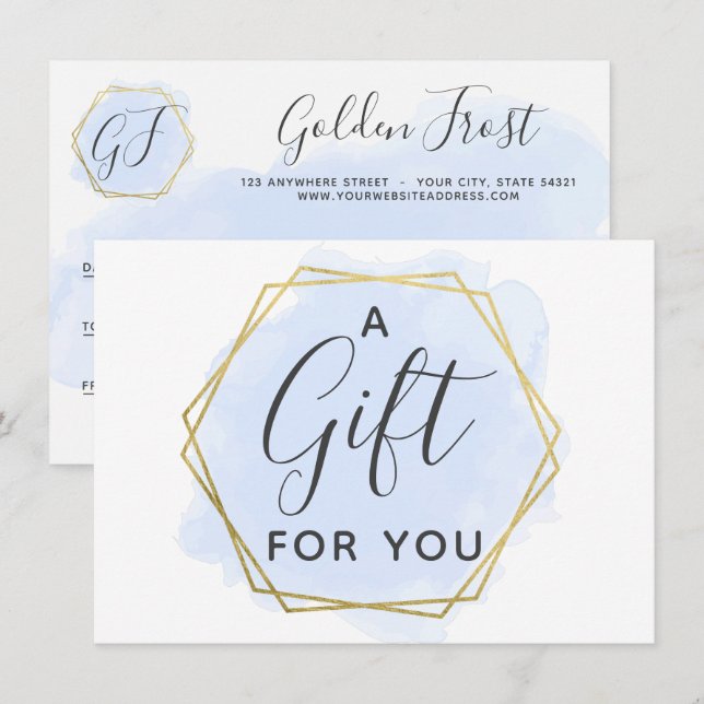 Light Blue Watercolor & Gold Geschenkgutschein Einladung (Vorne/Hinten)