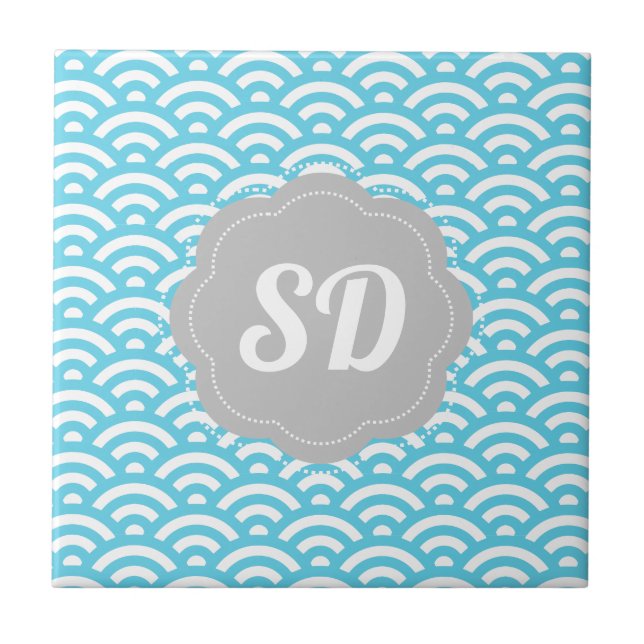 Light Blue Wave Custom Monogram Fliese (Vorderseite)