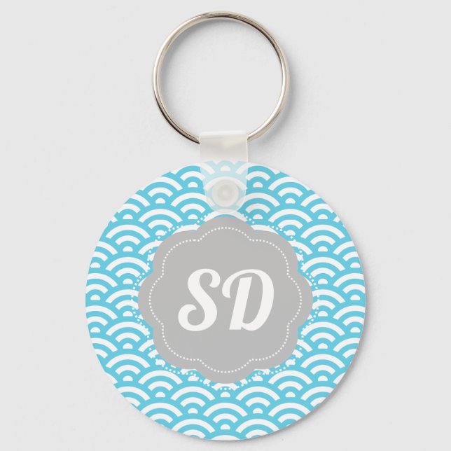 Light Blue Wave Custom Monogram Schlüsselanhänger (Vorderseite)