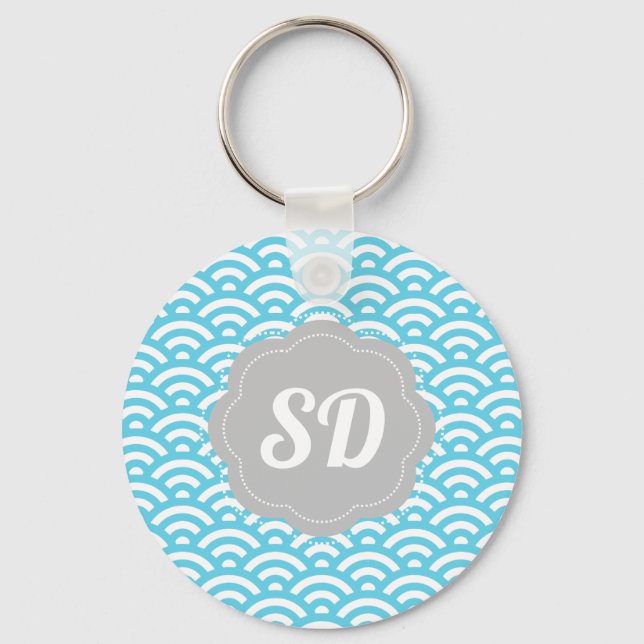 Light Blue Wave Custom Monogram Schlüsselanhänger (Vorderseite)