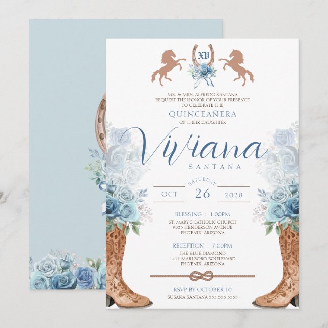 Light Blue Western Charra Quinceanera Einladung (Vorne/Hinten)