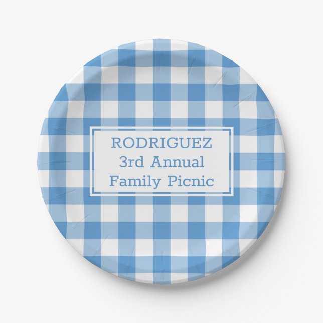 Light Blue White Buffalo Karo Name Family Picnic Pappteller (Vorderseite)