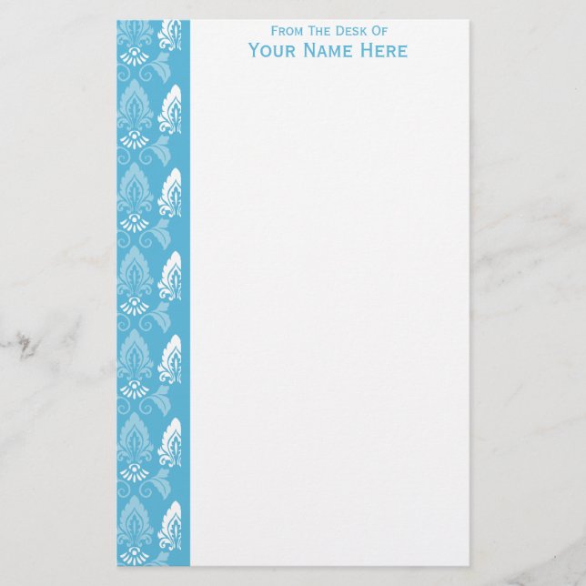 Light Blue White Damask Border Briefpapier (Vorderseite)
