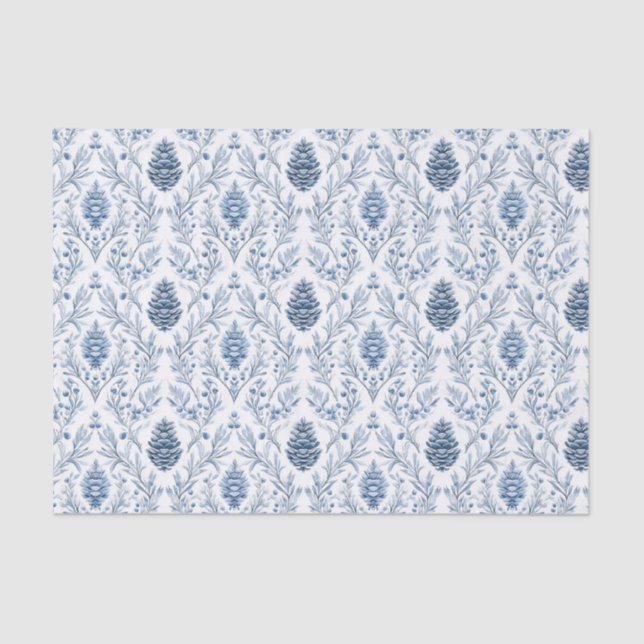 Light Blue & White Damask with Pine Cones Seidenpapier (Vorderseite)