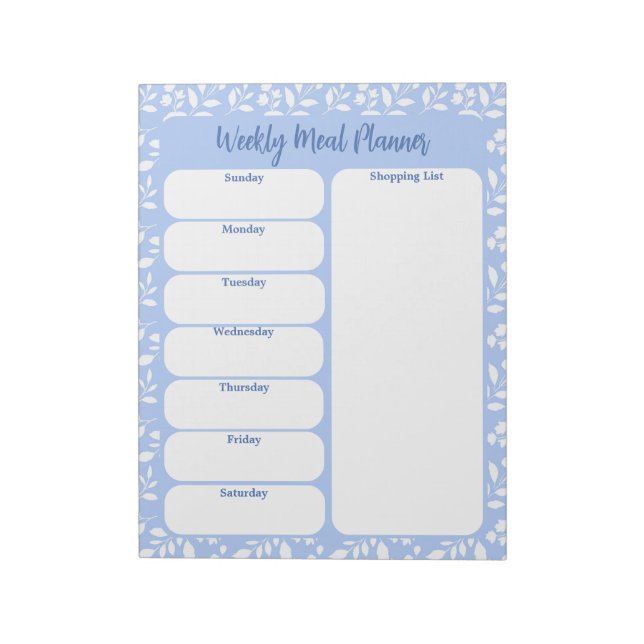 Light Blue White Floral Weekly Meal Planner Notizblock (Rotiert)