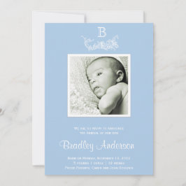 Light Blue White Frame Monogram Baby Ankündigung