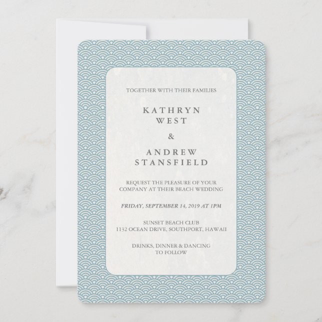 Light Blue + White Sea Wave Muster Beach Hochzeit Einladung (Vorderseite)