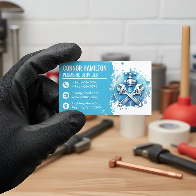 Light Blue White Watercolor Plumbing Logo Visitenkarte (Von Creator hochgeladen)