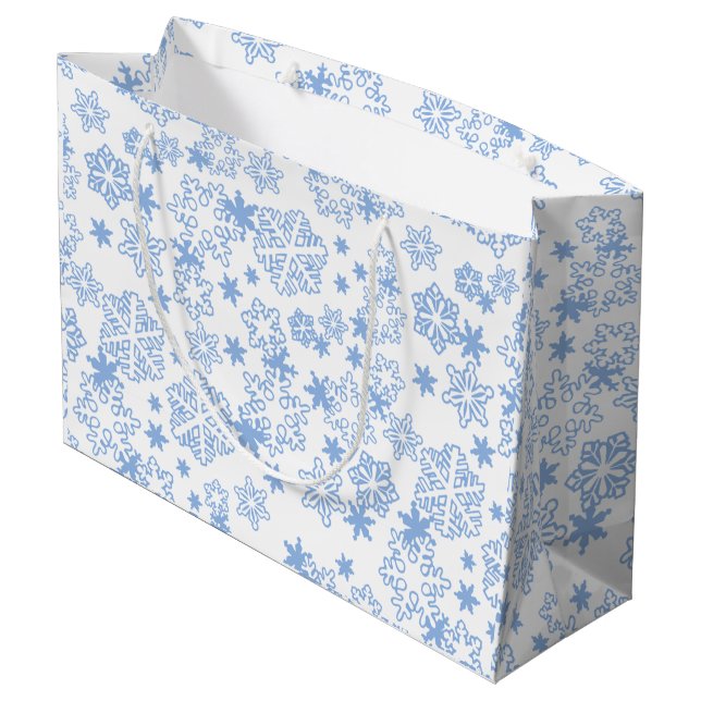 Light Blue Winter Snowflake Muster Große Geschenktüte (Rückseite Schrägansicht)