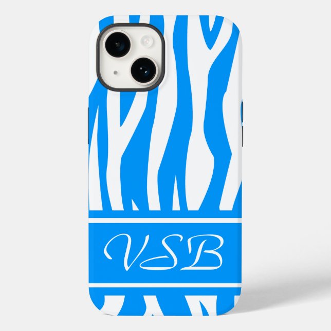 Light Blue Zebra Print mit Monogramm Case-Mate iPhone Hülle (Rückseite)