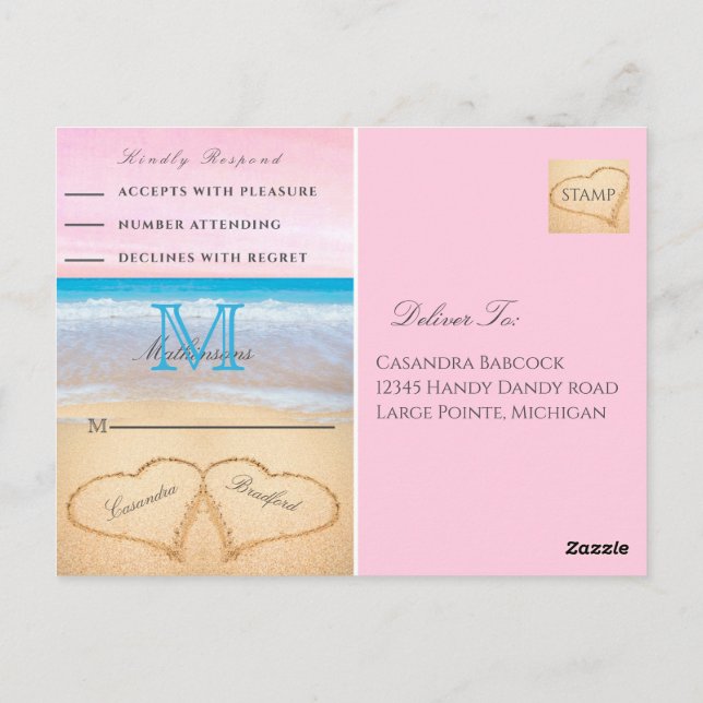Light Blus Pink 2 Heart Sand Beach Wedding UAWG Postkarte (Rückseite)